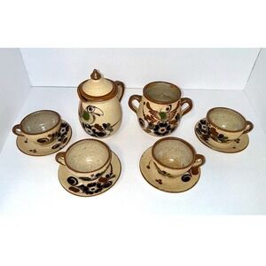Vintage Set 10 Tea Cups Saucer Tonala Mexican Pottery Folk Birds Hand Painted.‎